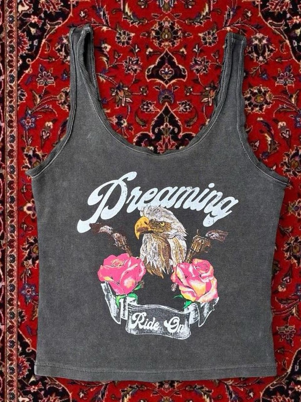 Gray Graphic Eagle & Roses Biker Tank